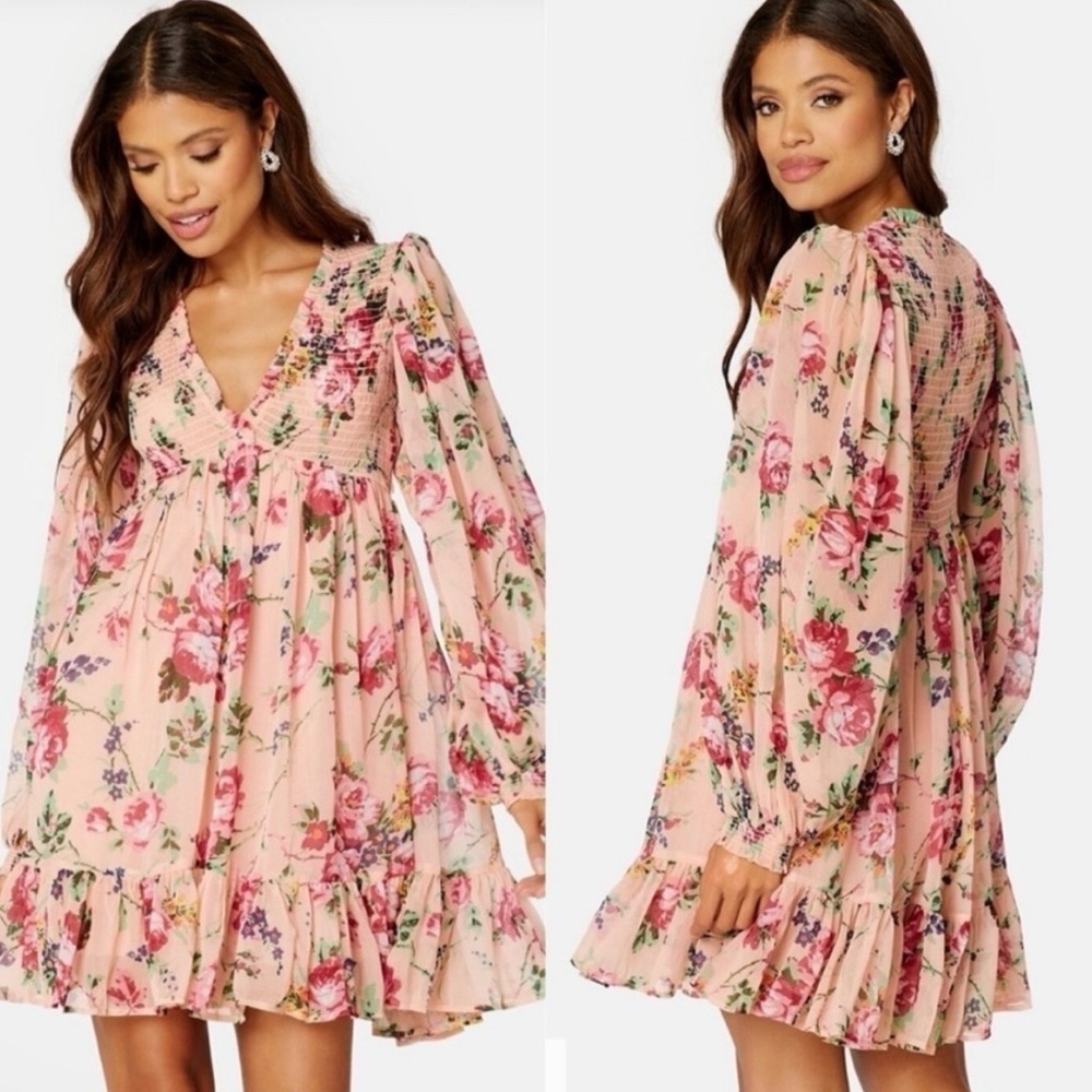 byTiMo 💗 LIKE NEW Pink Floral Print Long Sleeve Chiffon Mini Dress Size M